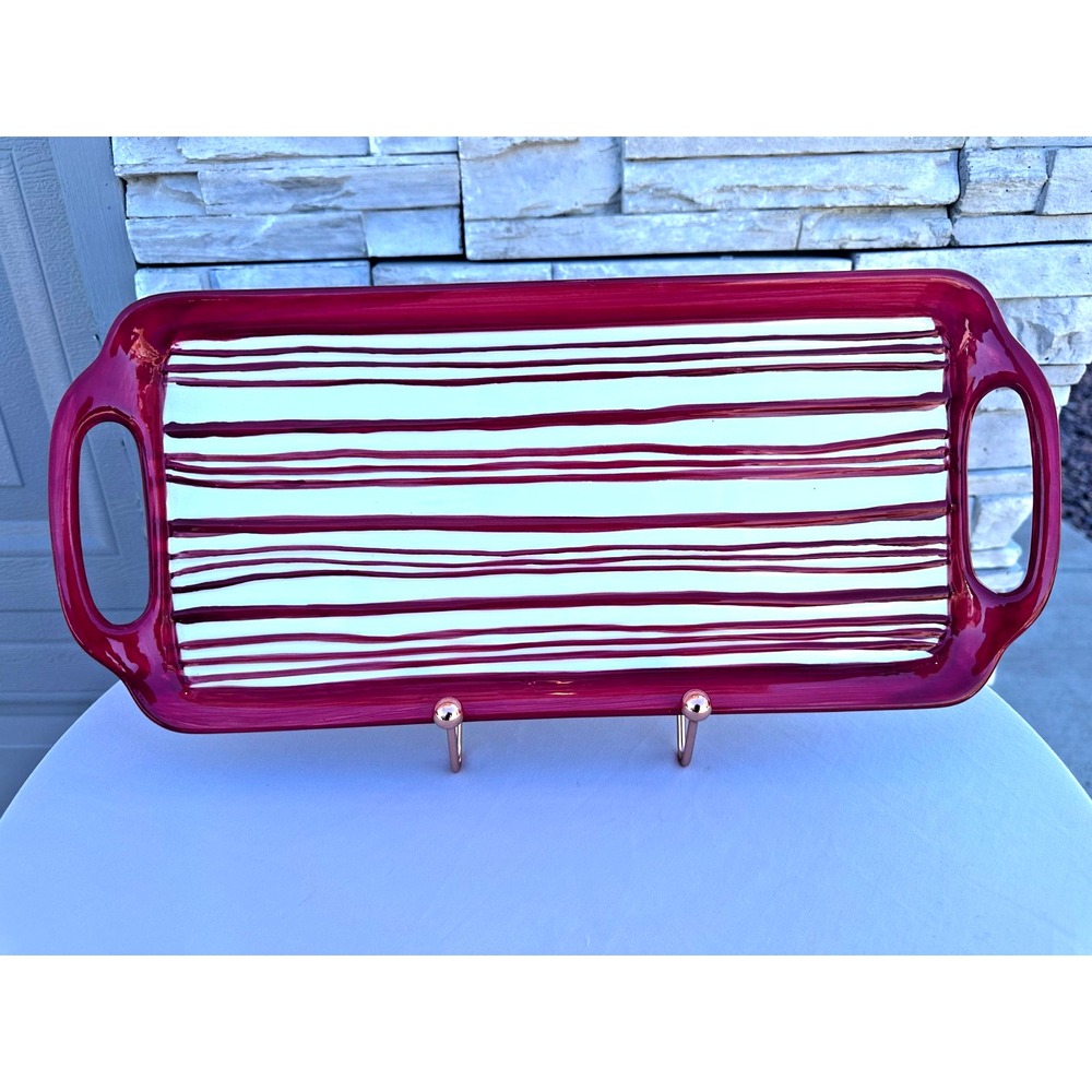 Oneida Holiday Tidings 15" Serving Tray Red & White Stripes Discontinued